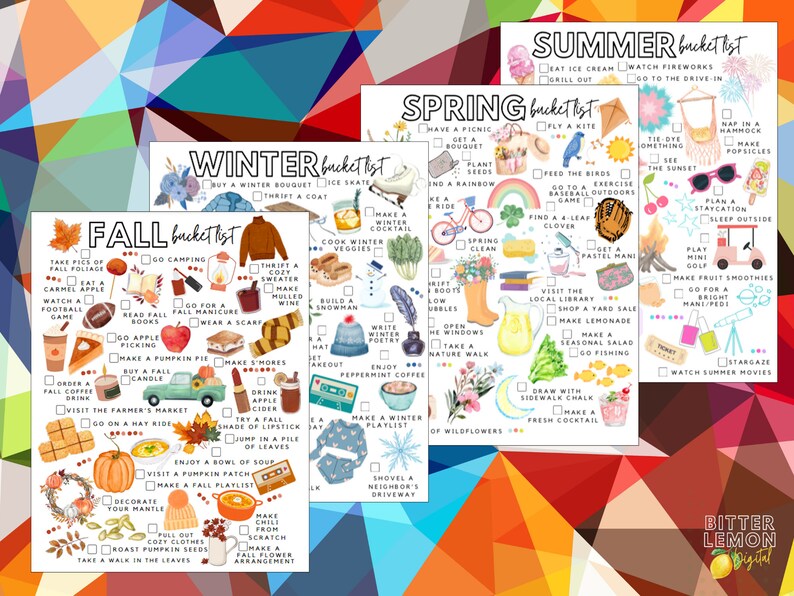 May include: Four colorful seasonal bucket list printables. Each list features illustrated activities for summer, spring, fall, and winter. The lists include activities like grilling out, planting seeds, and taking pictures of fall foliage.