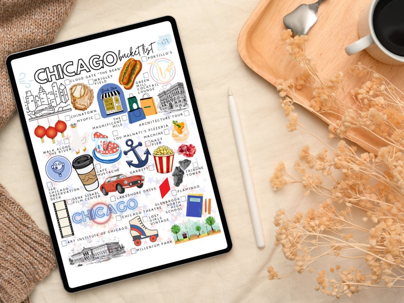 K&ouml;nnte beinhalten: Ein digitales Tablet mit einer Chicago-Bucket-List-Checkliste, die bunte Illustrationen von Sehensw&uuml;rdigkeiten, Essen und Aktivit&auml;ten zeigt, darunter ein Hotdog, ein Baseballhandschuh, Einkaufst&uuml;ten, ein rotes Auto und der Text Chicago bucket list.