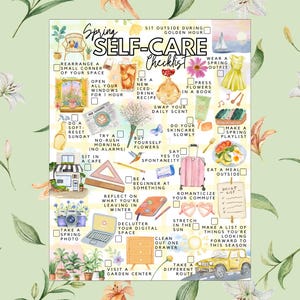 May include: A watercolour checklist titled "Spring Self-Care Checklist" with various self-care activities illustrated. The image includes a yellow dress, a suitcase, flowers, and a yellow car. The background is a light green with floral accents.