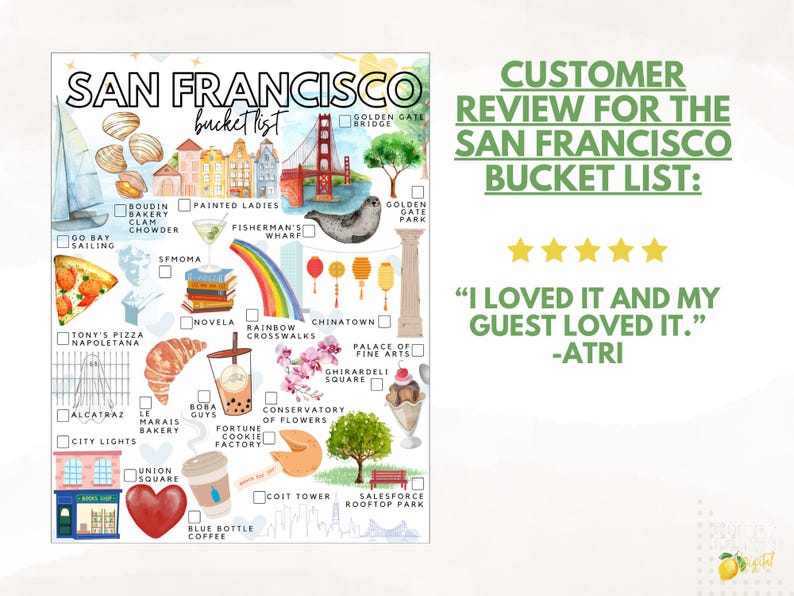 May include: A San Francisco bucket list poster featuring watercolor illustrations of landmarks like the Golden Gate Bridge, Alcatraz, and Chinatown, with checkboxes for each item. Text includes 'SAN FRANCISCO bucket list' and a five-star customer review.