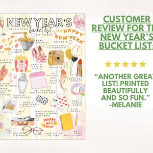 May include: A New Year's bucket list checklist featuring watercolour illustrations of festive items like champagne, popcorn, a camera, and lipstick, with text including 'New Year's Bucket List', 'Make a Toast', and 'Watch Fireworks' on a striped background.