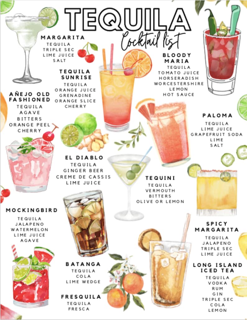Tequila Cocktail Liste zum Ausdrucken Tequila Drink Rezepte - Etsy.de