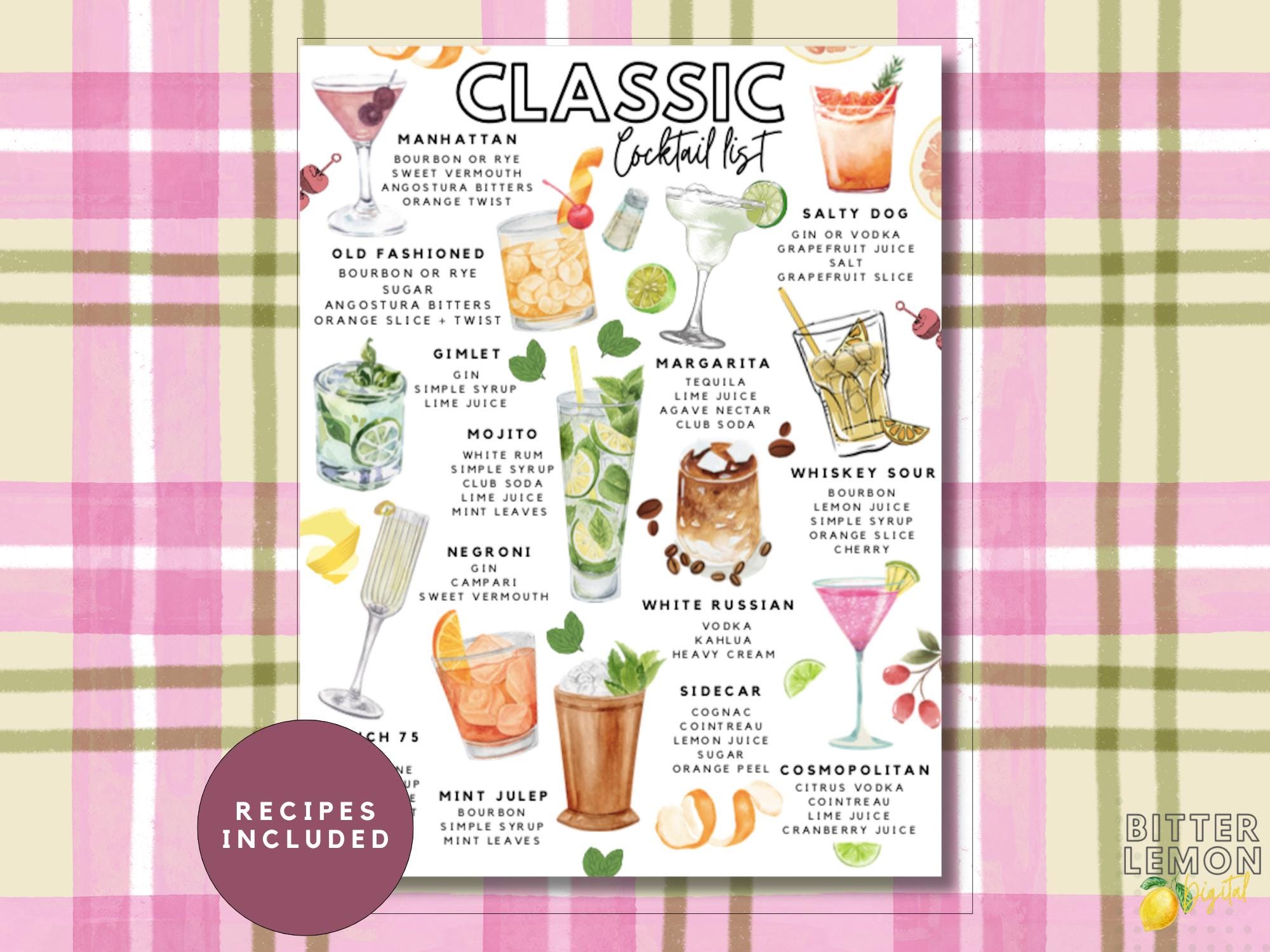 【洋書】cocktails STYLE RECIPES Classic Cocktail Recipes Printable, Bar Cart Decor (PDF Download