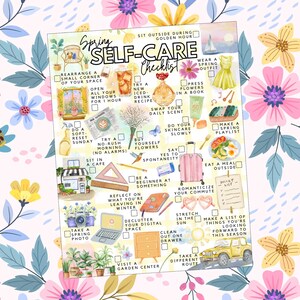 May include: A colourful illustration of a "Spring Self-Care Checklist" with various self-care activities. The checklist includes activities like "Take a spring photo" and "Make a spring playlist". The background is a floral pattern.