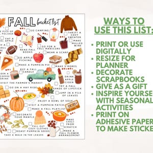 May include: A Fall bucket list with watercolour illustrations of autumn activities. Includes text like "Take pics of fall foliage," "Go camping," and "Make a pumpkin pie." The list also includes ways to use the list, such as printing it or using it digitally.