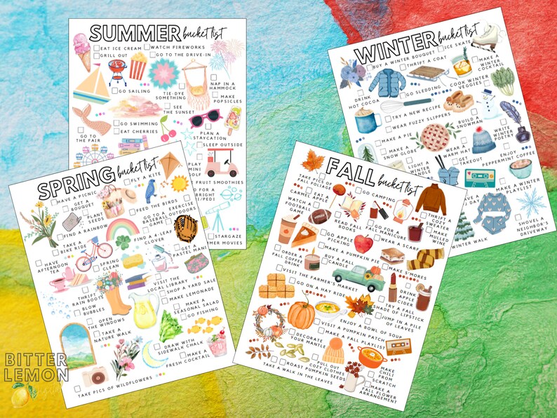 May include: Four seasonal bucket list prints with watercolor illustrations. The lists include summer, winter, spring, and fall activities. The summer list includes eating ice cream and watching fireworks. The winter list includes ice skating and making a snowman. The spring list includes having a picnic and planting seeds. The fall list includes apple picking and visiting the farmer's market.