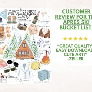 K&ouml;nnte beinhalten: Eine Apr&egrave;s-Ski-Bucket-List-Checkliste mit Aquarellillustrationen einer Skih&uuml;tte, Tannenb&auml;umen, Winterkleidung, Essen und Getr&auml;nken. Der Text enth&auml;lt "APR&Egrave;S SKI bucket list" sowie Beschriftungen f&uuml;r Champagner, Fondue und einen Whirlpool.