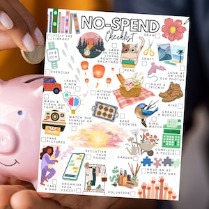 May include: A colorful checklist with illustrations and checkboxes for a no-spend challenge. The checklist includes activities like camping, reading, baking cookies, bird watching, and gardening.
