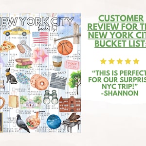 May include: A New York City bucket list poster featuring watercolor illustrations of iconic landmarks and items like the Statue of Liberty, a yellow taxi, pizza, a bagel, and a basketball. The text reads NEW YORK CITY bucket list and includes checkboxes.
