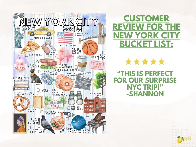 May include: A New York City bucket list poster featuring watercolor illustrations of iconic landmarks and items like the Statue of Liberty, a yellow taxi, pizza, a bagel, and a basketball. The text reads NEW YORK CITY bucket list and includes checkboxes.