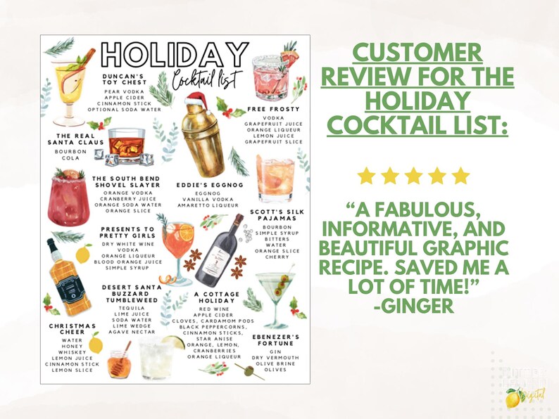 K&ouml;nnte beinhalten: Festliche Cocktail-Liste f&uuml;r die Feiertage mit Aquarellillustrationen verschiedener Getr&auml;nke. Das Poster enth&auml;lt Rezepte f&uuml;r Cocktails wie "Duncan's Toy Chest" und "The Real Santa Claus" mit einer Kundenbewertung.