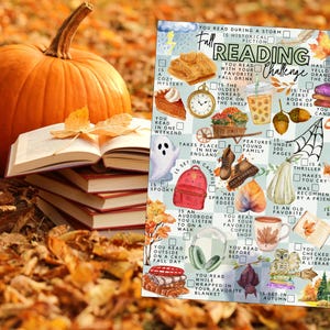 May include: A rectangular Fall Reading Challenge checklist featuring a grid of seasonal illustrations including pumpkins, books, a ghost, a fox, and coffee cups, with text prompts for various reading tasks printed in black over a light background.