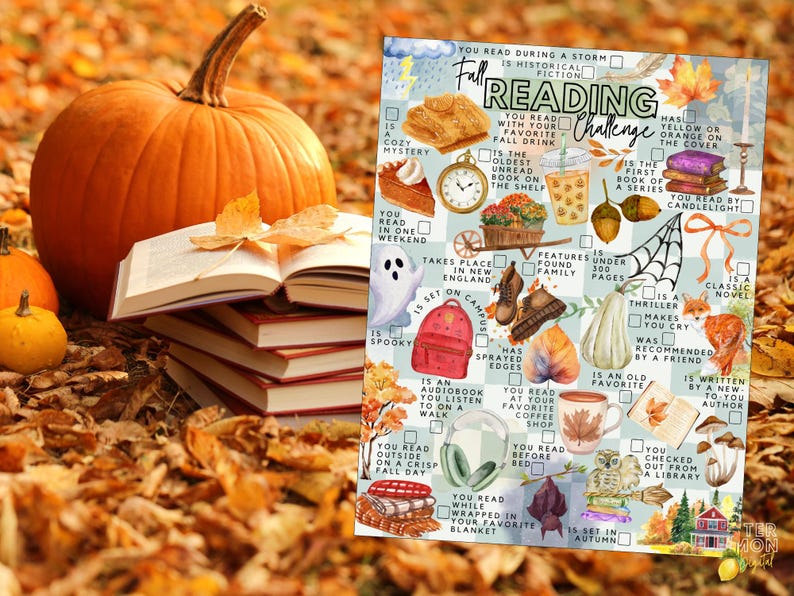 May include: A rectangular Fall Reading Challenge checklist featuring a grid of seasonal illustrations including pumpkins, books, a ghost, a fox, and coffee cups, with text prompts for various reading tasks printed in black over a light background.