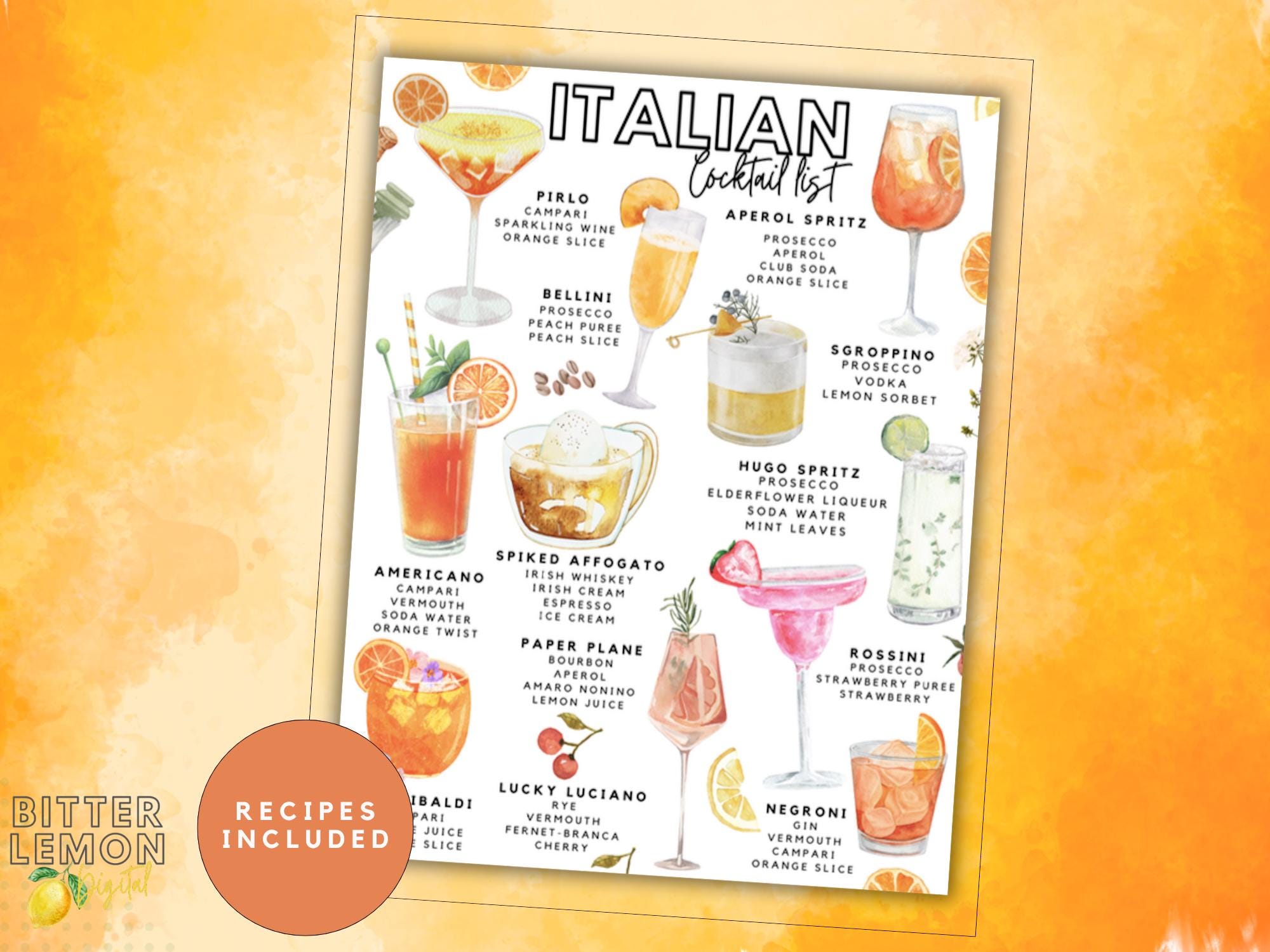 Italian Cocktail Recipes Printable, Classic Drink Guide, Aperol