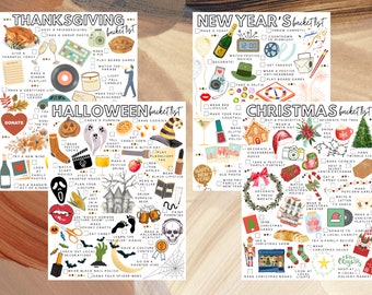 May include: Four printable bucket lists for Thanksgiving, New Year's, Halloween, and Christmas. Each list features a variety of activities and traditions to enjoy during the holiday season.