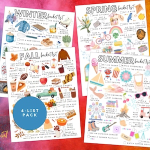 May include: Four seasonal bucket list printables: Winter, Spring, Fall, and Summer. Each list features illustrated activities like ice skating, picnics, and campfires. The lists are on white paper with colorful watercolor illustrations and text.