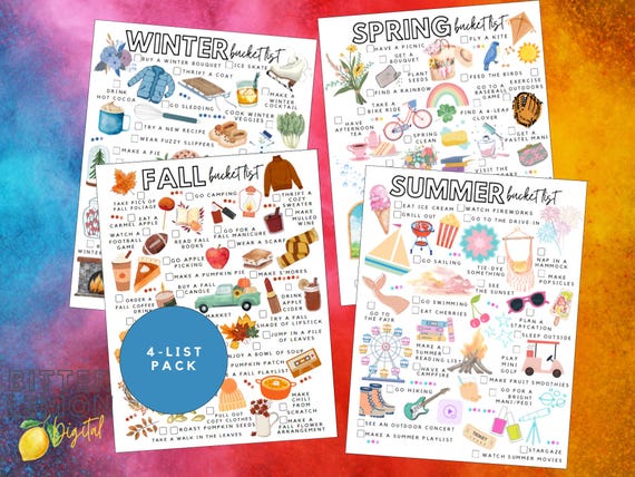 Seasonal Bucket List Bundle, Spring Summer Fall Winter Activities (4-List Pack)