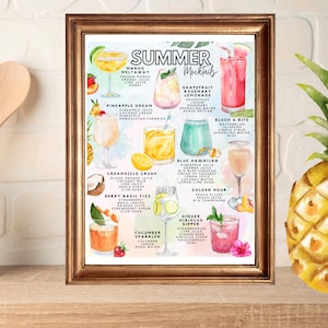 May include: A framed print featuring watercolor illustrations of summer mocktails. The print includes the text "SUMMER Mocktails" and showcases various drink recipes like Mango Meltaway, Pineapple Dream, and Blush & Bite. A pineapple is visible on the right.
