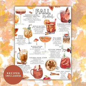 Fall Mocktail Recipes Printable, Cozy Seasonal Drinks, Bar Cart Decor (Digital Download)