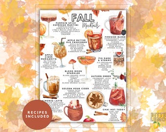 Fall Mocktail Recipes Printable, Cozy Seasonal Drinks, Bar Cart Decor (Digital Download)