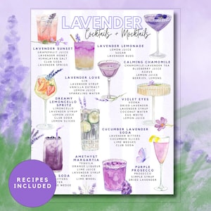 May include: A decorative print titled Lavender Cocktails + Mocktails featuring watercolor illustrations of various drinks. Each beverage is labeled with its name and ingredients, including Lavender Sunset, Lavender Lemonade, Lavender Love, and Amethyst Margarita.