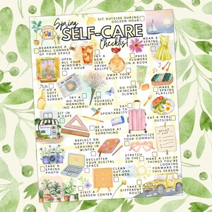 May include: A watercolour illustration of a "Spring Self-Care Checklist" with a floral background. The checklist includes illustrated activities such as "Take a Spring Photo" and "Make a Spring Playlist". The image is in a vertical format.