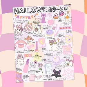 Könnte beinhalten: Eine rosa und weiße druckbare Halloween-Bucket-Liste mit Illustrationen von Geistern, Kürbissen, Fledermäusen und Süßigkeiten. Die Liste enthält Aktivitäten wie den Besuch eines Spukhauses, das Schnitzen eines Kürbisses, das Backen von Keksen und das Anschauen von Horrorfilmen.