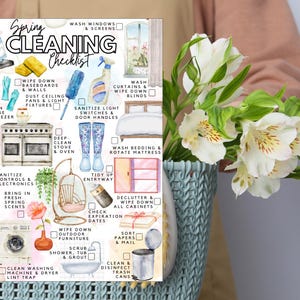 May include: A Spring Cleaning Checklist printed document featuring watercolour illustrations of household items like a vacuum, sponges, cleaning spray, a stove, a bathtub, and a trash can, with checkboxes next to tasks like wash windows and clean fridge.