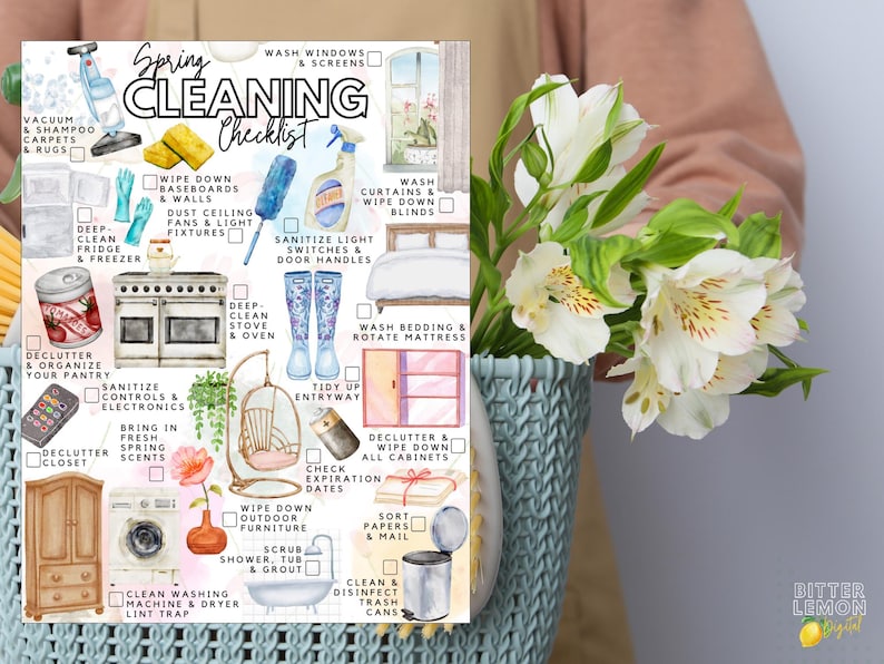 May include: A Spring Cleaning Checklist printed document featuring watercolour illustrations of household items like a vacuum, sponges, cleaning spray, a stove, a bathtub, and a trash can, with checkboxes next to tasks like wash windows and clean fridge.