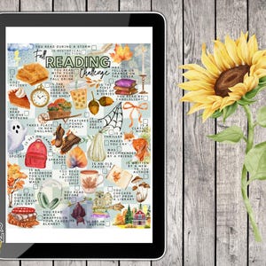 May include: A digital tablet displaying a Fall Reading Challenge checklist with various autumn-themed illustrations including a pumpkin, ghost, fox, and books, accompanied by a large yellow sunflower graphic on the right side of the screen.