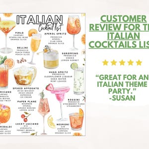 May include: An Italian cocktail list poster featuring watercolor illustrations of various cocktails like Aperol Spritz, Negroni, and Bellini. The poster includes the names and ingredients of each drink, with orange and lemon slices as garnishes. A customer review is also included.