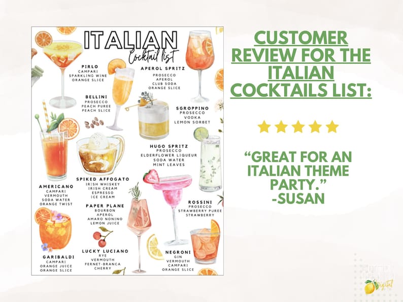 May include: An Italian cocktail list poster featuring watercolor illustrations of various cocktails like Aperol Spritz, Negroni, and Bellini. The poster includes the names and ingredients of each drink, with orange and lemon slices as garnishes. A customer review is also included.
