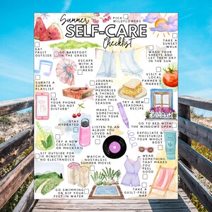 May include: A watercolor-style "Summer Self-Care Checklist" poster with various illustrated activities. Includes images of watermelon, a beach read, a cocktail, and a vinyl record. The poster is set against a backdrop of a wooden walkway and a bright blue sky.