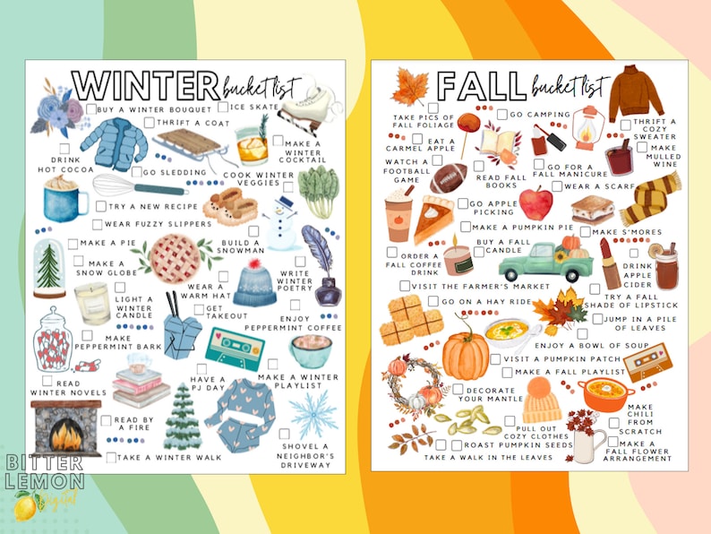 May include: Two watercolor bucket list prints, one for winter and one for fall. The winter list includes activities like ice skating and drinking hot cocoa. The fall list includes activities like apple picking and visiting a pumpkin patch.