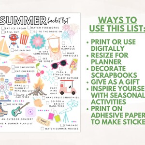 May include: A colorful summer bucket list with illustrations of ice cream, fireworks, and a campfire. The list includes activities like swimming, stargazing, and going to the fair. Text on the right explains ways to use the list.