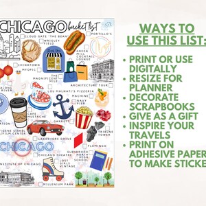 K&ouml;nnte beinhalten: Eine Chicago-Bucket-List mit farbenfrohen Illustrationen von Sehensw&uuml;rdigkeiten, Speisen und Aktivit&auml;ten. Der Text lautet CHICAGO bucket list und WAYS TO USE THIS LIST: PRINT OR USE DIGITALLY, RESIZE FOR PLANNER, DECORATE SCRAPBOOKS, GIVE AS A GIFT, INSPIRE YOUR TRAVELS, PRINT ON ADHESIVE PAPER TO MAKE STICKERS.