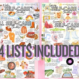 May include: Four seasonal self-care checklists are displayed, each with illustrated ideas for winter, spring, summer, and fall. The checklists include activities like stargazing, reading, and enjoying nature. The words "4 LISTS INCLUDED" are in the center.
