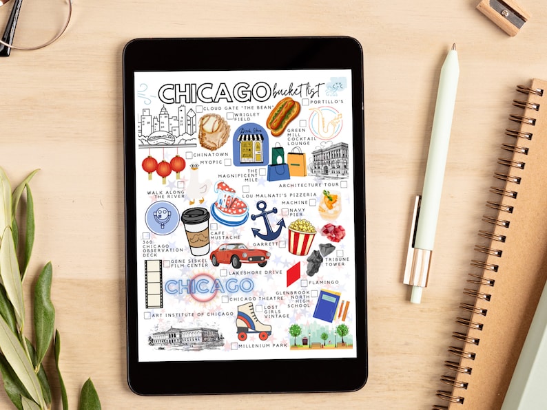 K&ouml;nnte beinhalten: Ein digitales Tablet mit einer Chicago-Bucket-List-Checkliste, die bunte Illustrationen von Sehensw&uuml;rdigkeiten, Essen und Aktivit&auml;ten zeigt, darunter ein Hotdog, ein Baseballhandschuh, ein rotes Auto und der Text Chicago bucket list.