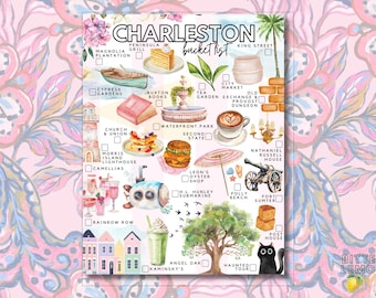 Könnte beinhalten: Ein Charleston Bucket-List-Poster mit Aquarellillustrationen von Sehenswürdigkeiten, Speisen und Aktivitäten. Der Text lautet CHARLESTON bucket list, mit Kontrollkästchen neben Motiven wie einem Leuchtturm, einem U-Boot und einem Brunnen.