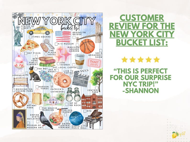 K&ouml;nnte beinhalten: Ein New York City Bucket-List-Poster mit Aquarellillustrationen ber&uuml;hmter Wahrzeichen wie der Freiheitsstatue, einem gelben Taxi, Pizza, einem Bagel und einem Basketball. Der Text lautet NEW YORK CITY bucket list und enth&auml;lt Kontrollk&auml;stchen.