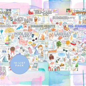 Op de afbeelding: Een pakket van 10 zomerse bucketlist-lijsten met aquarelillustraties van seizoensgebonden activiteiten zoals stranddagen, zwembadfeestjes en filmavonden. Elke checklist bevat selectievakjes en tekstlabels voor diverse zomerse doelen.