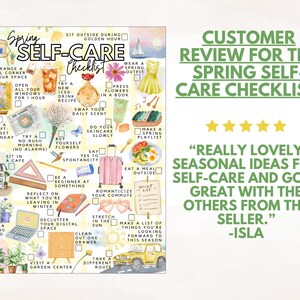 May include: A Spring Self-Care Checklist poster featuring watercolour illustrations of seasonal activities, including a yellow car, a pink suitcase, a laptop, and flowers. The text reads Spring Self-Care Checklist with various tasks and a five-star customer review.
