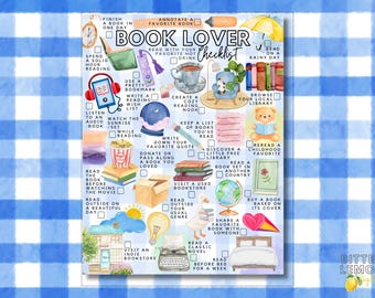 May include: A Book Lover Checklist printed on paper featuring watercolor illustrations of books, a globe, a teddy bear, a typewriter, and various reading-related icons. The text includes the title Book Lover Checklist and numerous reading prompts with checkboxes for tracking progress.