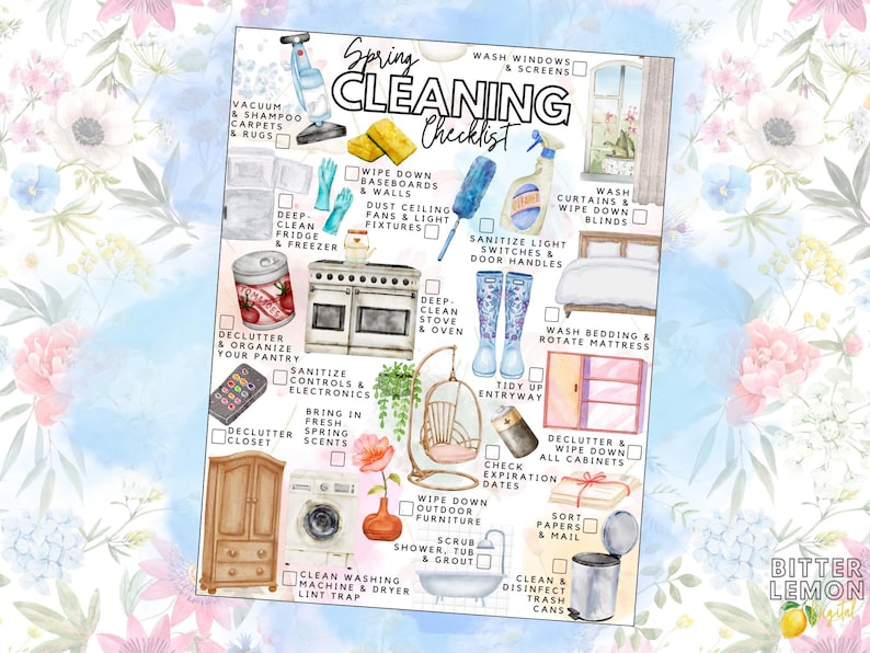 May include: A Spring Cleaning Checklist document featuring watercolour illustrations of household items like a vacuum, sponges, cleaning spray, a stove, a bed, a washing machine, and a bathtub, with checkboxes and text labels for various cleaning tasks.