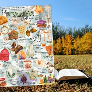 May include: A Fall Reading Challenge checklist featuring a grid of checkboxes and watercolor illustrations including a pumpkin pie, a fox, a ghost, a backpack, mushrooms, and autumn leaves, with text prompts for various book-related reading tasks.