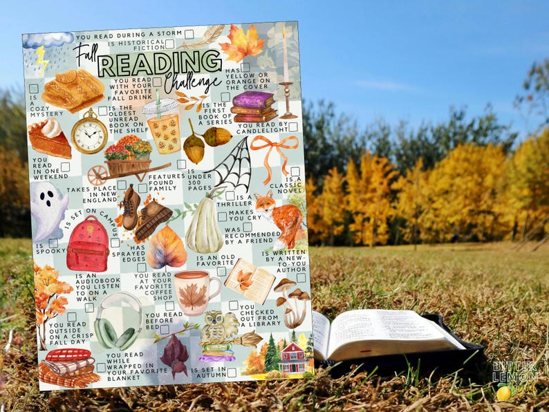 May include: A Fall Reading Challenge checklist featuring a grid of checkboxes and watercolor illustrations including a pumpkin pie, a fox, a ghost, a backpack, mushrooms, and autumn leaves, with text prompts for various book-related reading tasks.