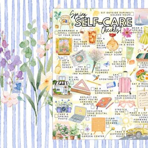 May include: A watercolour illustration of a spring self-care checklist. The image features a striped background, floral accents, and icons representing each task, such as drinking iced drinks, buying flowers, and eating outside. The text is in English.
