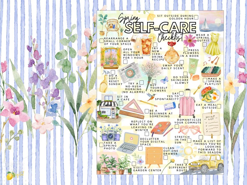 May include: A watercolour illustration of a spring self-care checklist. The image features a striped background, floral accents, and icons representing each task, such as drinking iced drinks, buying flowers, and eating outside. The text is in English.