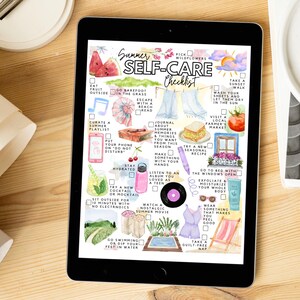 May include: A digital tablet displays a watercolor "Summer Self-Care Checklist." The checklist includes illustrations of watermelon, flowers, and a beach scene. The tablet is on a wooden surface, with a white object and rolled paper nearby.