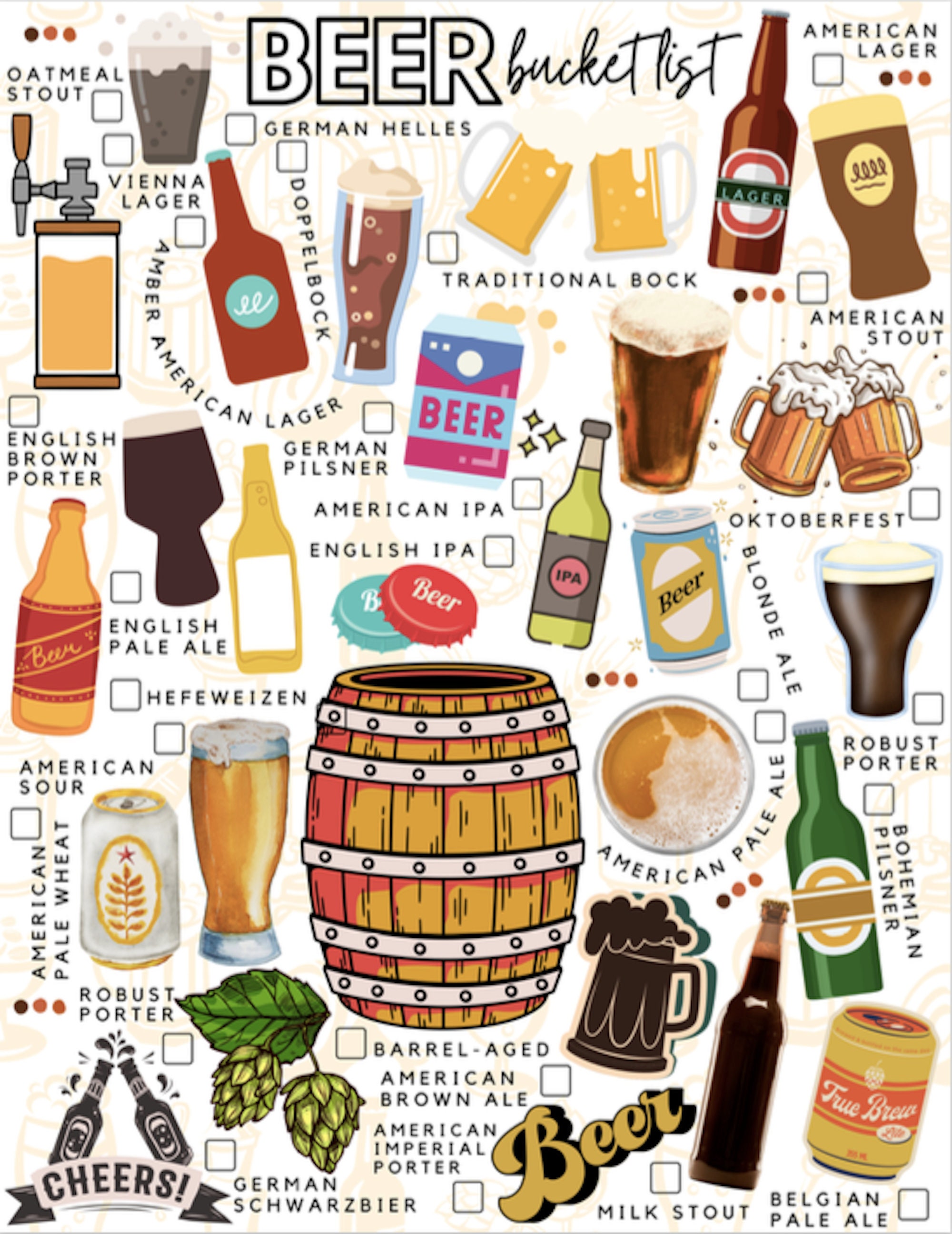 Printable Beer Bucket List Beer Lover's Todrink List Types of Beer Etsy